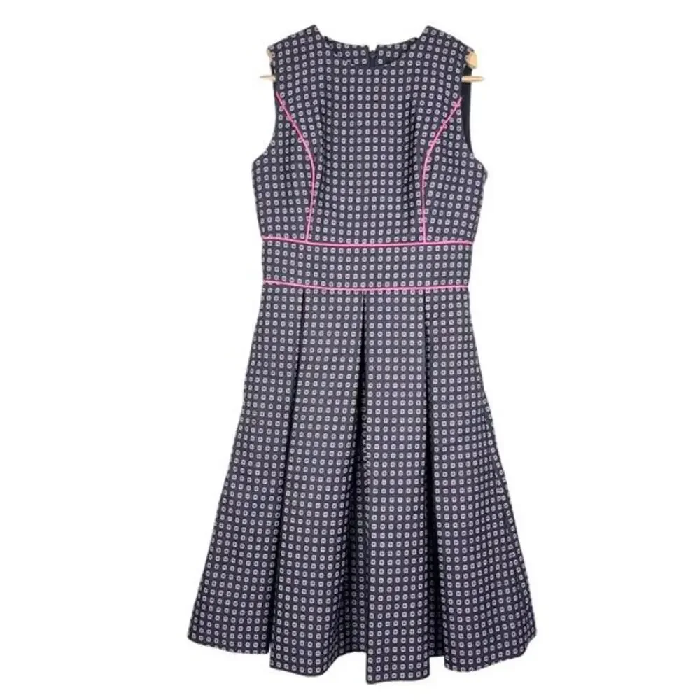 NWT J. Crew Navy Pink Pleated Full-skirt Jacquard Dress 00 Classy Career‎ Retro
